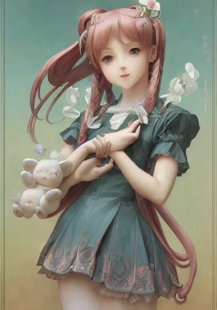 Image similar to hatsune miku holding cinnamoroll, pigtails, intricate, elegant, highly detailed, digital painting, artstation, concept art, smooth, sharp focus, illustration, art by artgerm and greg rutkowski and alphonse mucha and william - adolphe bouguereau