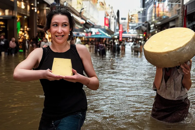 Prompt: closeup portrait of a woman carrying a wheel of cheese over her head in a flood in Rundle Mall in Adelaide in South Australia, photograph, natural light, sharp, detailed face, magazine, press, photo, Steve McCurry, David Lazar, Canon, Nikon, focus