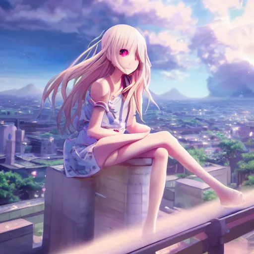 Prompt: a giant very beautiful anime girl, full body, long wavy blond hair, sky blue eyes, full round face, short smile, cute top, miniskirt, sitting on a miniature city, cinematic lightning, medium shot, mid-shot, highly detailed, trending on Artstation, Unreal Engine 4k, cinematic wallpaper by Stanley Artgerm Lau, WLOP, Rossdraws, James Jean, Andrei Riabovitchev, Marc Simonetti, and Sakimichan