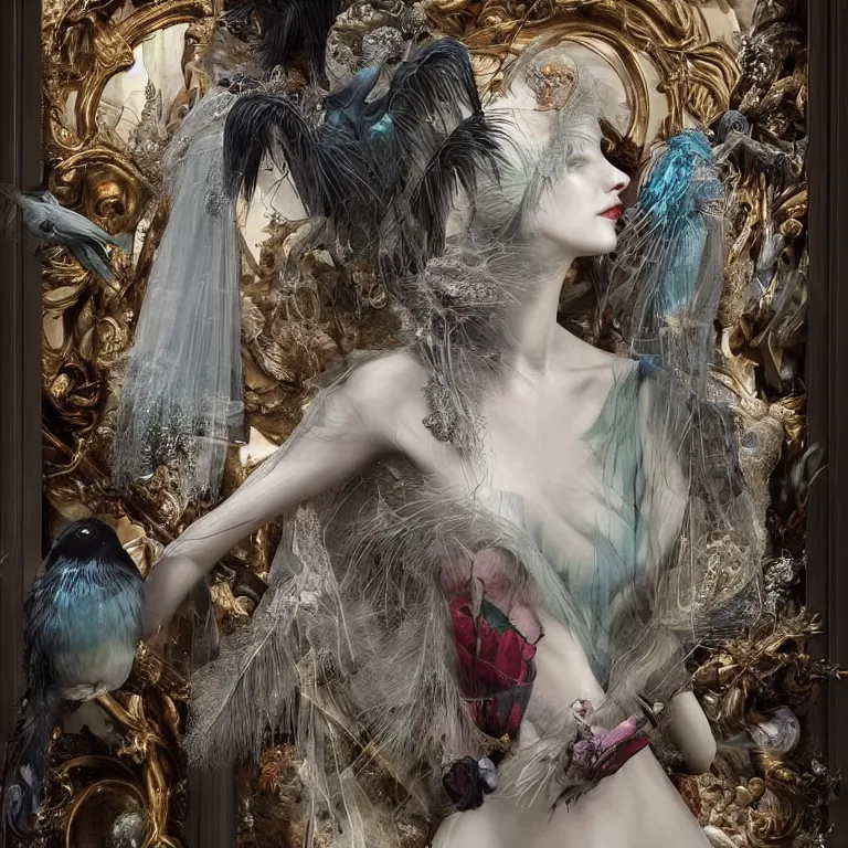 Image similar to 3d character render of anna taylor-joy in the bergdorf goodman windows, veiled, avian-inspired,by tom bagshaw and Inge Prader and Billelis and aaron horkey and peter gric,trending on pinterest,GUCCI,DIOR,highly detailed,maximalist,glittering,feminine