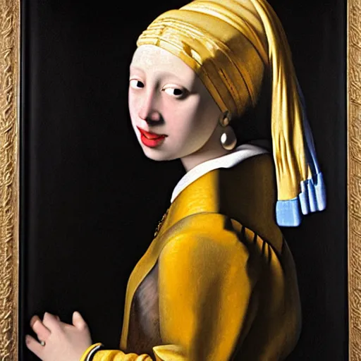 Image similar to An oil painting tronie of a European girl wearing an exotic gold dress, an oriental blue and gold turban, and a very large pearl as an earring, against a dark background, by Johannes Vermeer, 1665.