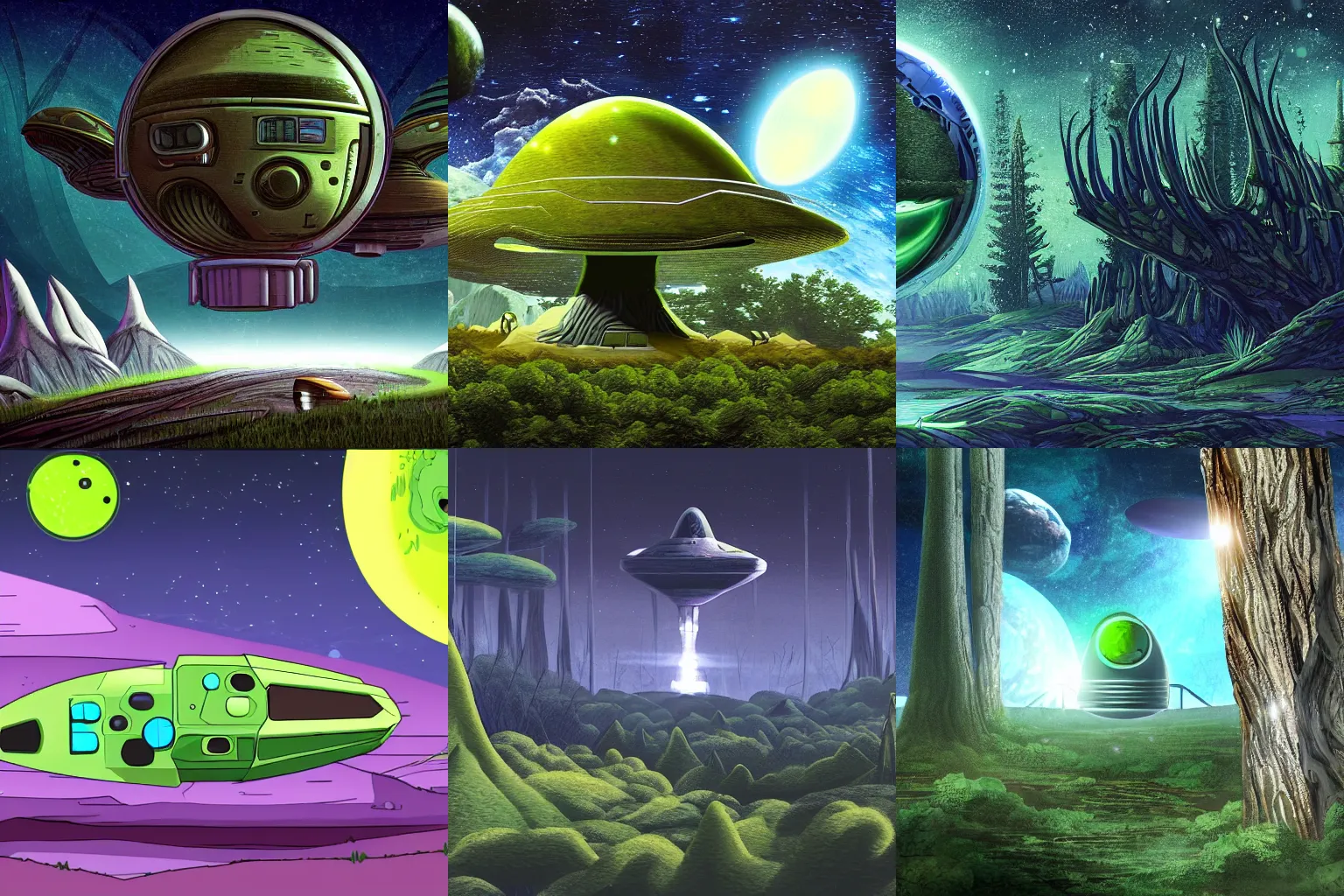 Prompt: a spaceship on a strange alien planet with an alien forest in background, from a space themed Serria point and click 2D graphic adventure game, made in 2019, high quality graphics