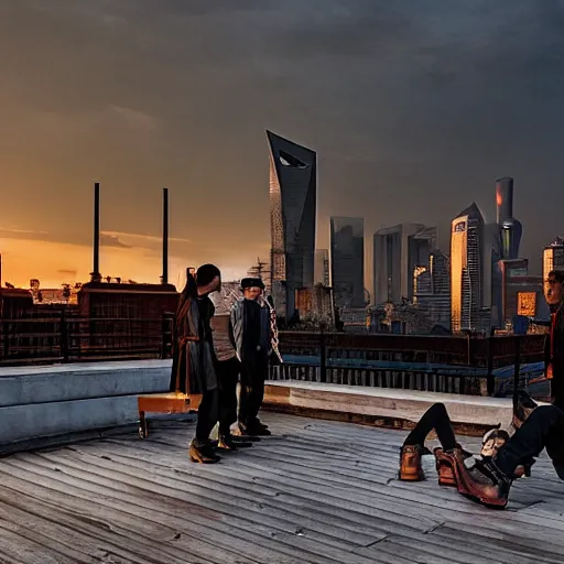 Image similar to a small rooftop with a couple of modern teenagers wearing cowboy boots and dr martens standing and talking to each other, wearing black modern clothes, modern shanghai bund is on the background, sunset, by gregory crewdson