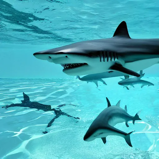 Image similar to sharks and people in a swimming pool