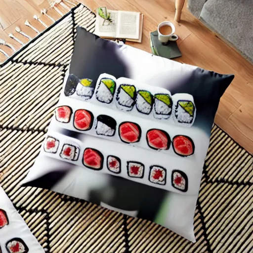 Prompt: a pillow in the shape of sushi, product photography, highly detailed, epic lighting, hyper photorealism, 8 k