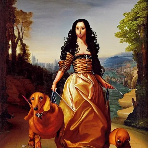 Image similar to nicki minaj walking a dachshund baroque oil painting