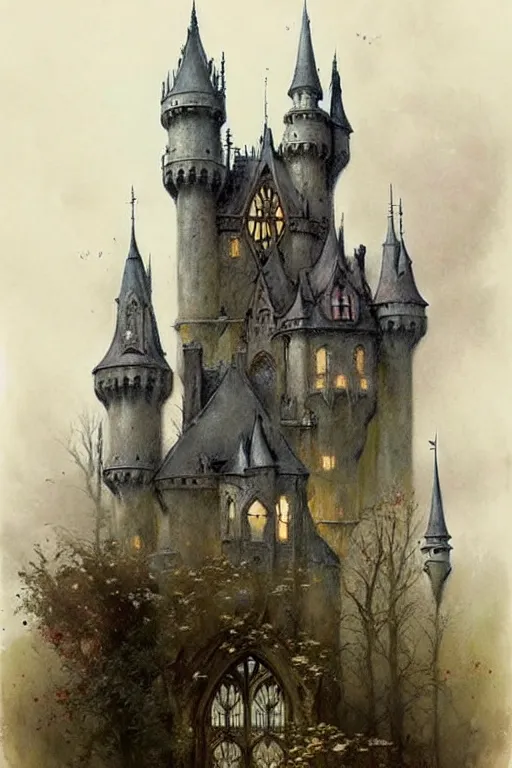 Image similar to (((((1950s fairy tale gothic revival castle . muted colors.))))) by Jean-Baptiste Monge !!!!!!!!!!!!!!!!!!!!!!!!!!!