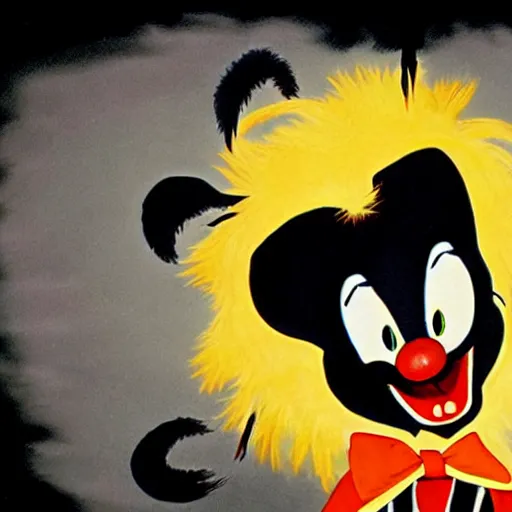 Prompt: A extremely highly detailed majestic hi-res beautiful, highly detailed head and shoulders portrait of a scary creepy black cartoon clown cat in eraserhead with scary big eyes, in the style of Walt Disney animation