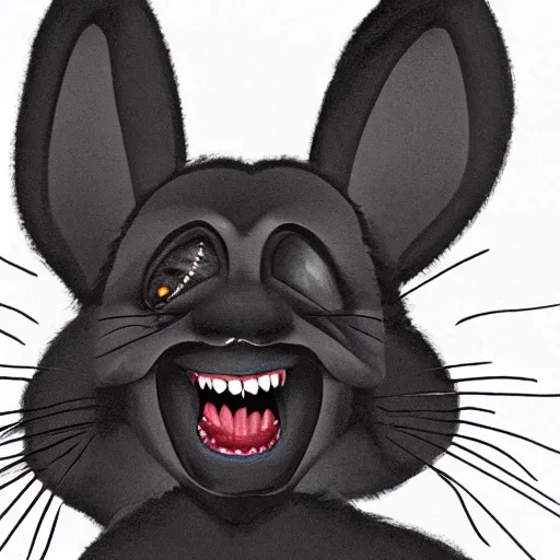 Image similar to A extremely highly detailed majestic hi-res beautiful, highly detailed head and shoulders portrait of a scary terrifying, horrifying, creepy black cartoon rabbit with scary big eyes, earing a shirt laughing, hey buddy, let's be friends, in the style of Walt Disney