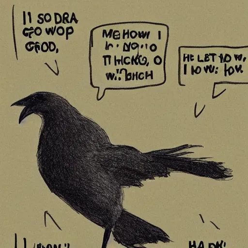 Prompt: 'I'm so tired,.. if only I could sleep,..', I spent 20 hours working on this drawing with no breaks. a picture of a crow causing mischief and generally being a goof. 'hehehe,hoho'l, 'that silly crow!', 'on no!', 'watch out!','ha ha ha ha...', are being said by mourning dove on psychedelics.