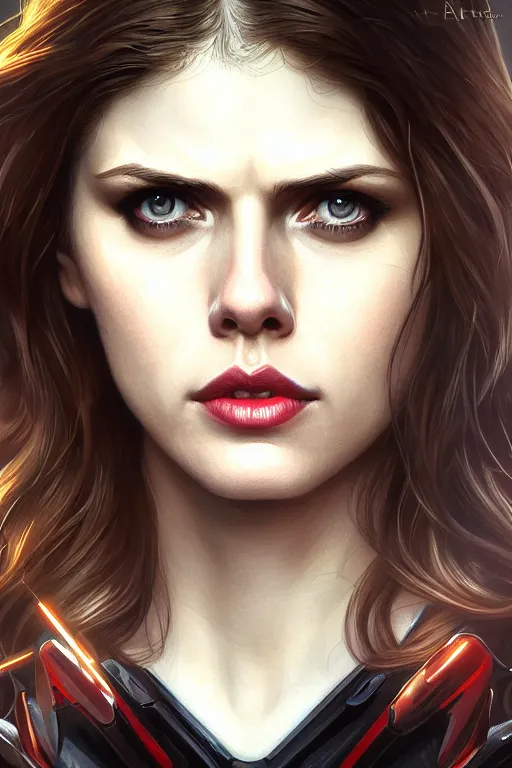 Image similar to alexandra daddario as black widow, realistic portrait, symmetrical, highly detailed, digital painting, artstation, concept art, smooth, sharp focus, illustration, cinematic lighting, art by artgerm and greg rutkowski and alphonse mucha