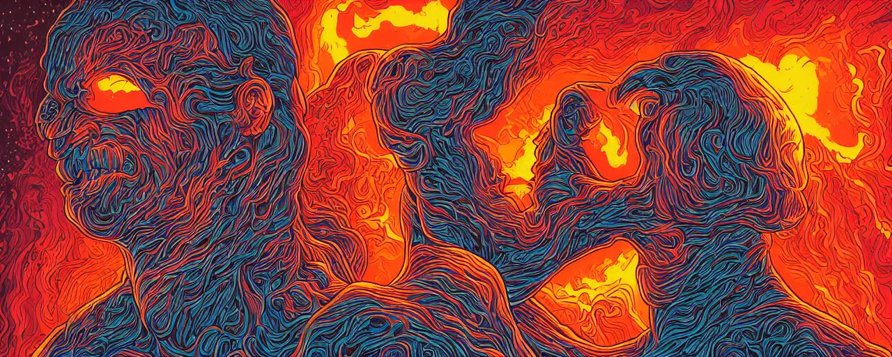 Image similar to portrait of head melting into another one, lava, laugh and surprise, by Dan Mumford