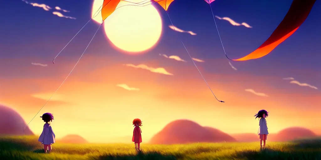 Prompt: the girl and the kites. beautiful sunrise. matte painting, anime, studio ghibli. intricate, elegant, super highly detailed, professional digital painting, artstation, concept art, smooth, Unreal Engine 5, Photorealism, HD quality, 8k resolution, cinema 4d, 3D, beautiful, cinematic