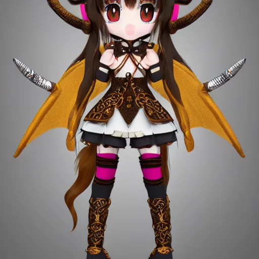 Image similar to cute fumo plush of a goat girl with horns, anime girl, tribal outfit with intricate celtic knot patterns, golden pauldrons, gothic maiden princess, artstation, vray