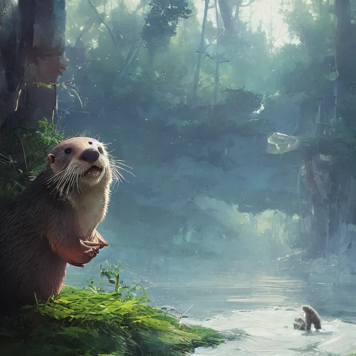 Prompt: a detailed painting of a cute otter at a river. character design by cory loftis, fenghua zhong, ryohei hase, ismail inceoglu and ruan jia. volumetric light, detailed, rendered in octane