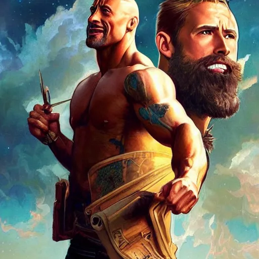 Image similar to Dwayne Johnson and Ryan Gosling Save the World, fantasy, intricate, elegant, highly detailed, digital painting, artstation, concept art, smooth, sharp focus, illustration, art by artgerm and greg rutkowski and alphonse mucha