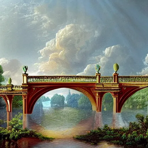 Image similar to bridge leading to an ornate palace in the clouds hyperrealistic fantasy-H 768