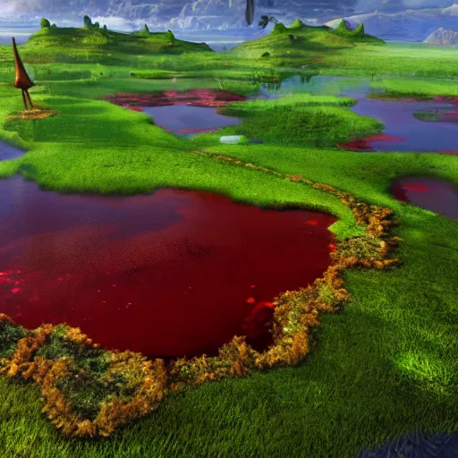 Image similar to BEAUTIFUL LANDSCAPE WITH LAKES MADE OUT OF BLOOD, REALISM, HELL, 8K, SHREK CONSUMES BONES, 100K, UNREALESED SHREK MOVIE, 8K
