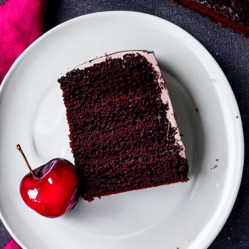 Prompt: a slice of chocolate cake with a cherry on top, in a plate, professional photography
