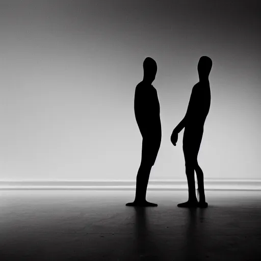 Image similar to an abstract photograph of two male shadowy figures, motion blur, 35 mm, black-and-white