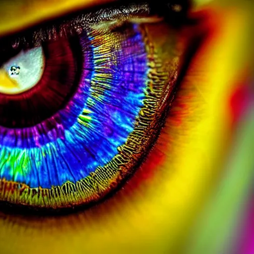 Image similar to closeup of iris of an eye, colorful, hyper - detailed, sharp, macro, realistic, psychedelic