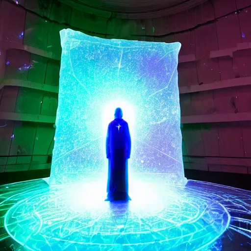 Prompt: A space wizard stand in front of giant, glowing crystal sits in the center of a dark room, Strange symbols line the walls, and a soft light glows from somewhere deep within the room, highly detailed, digital photo, HDRI, by christopher bretz and kael ngu, vivid colors, high contrast, 8k resolution, intricate, photorealistic, smooth, psychedelic color scheme, concept art, award winning, cg society contest winner