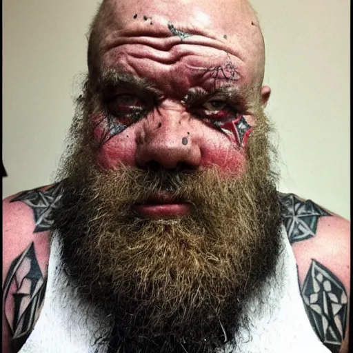 Image similar to old angry scarred whitebearded dwarf, wearing wolf pelt, runic geometry tattoos on face