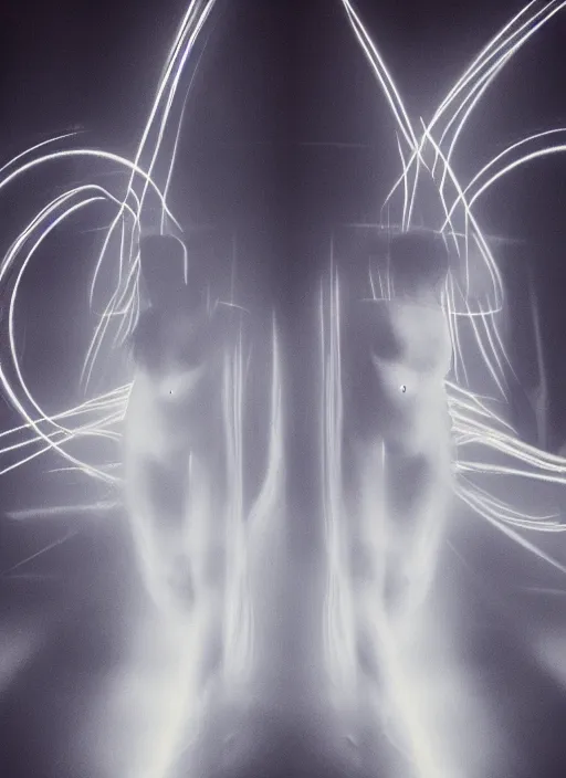 Image similar to symmetrical females ascending astral projection, strong glowing aura, motion blur, long exposure, film grain, cinematic lighting, experimental film, shot on 1 6 mm