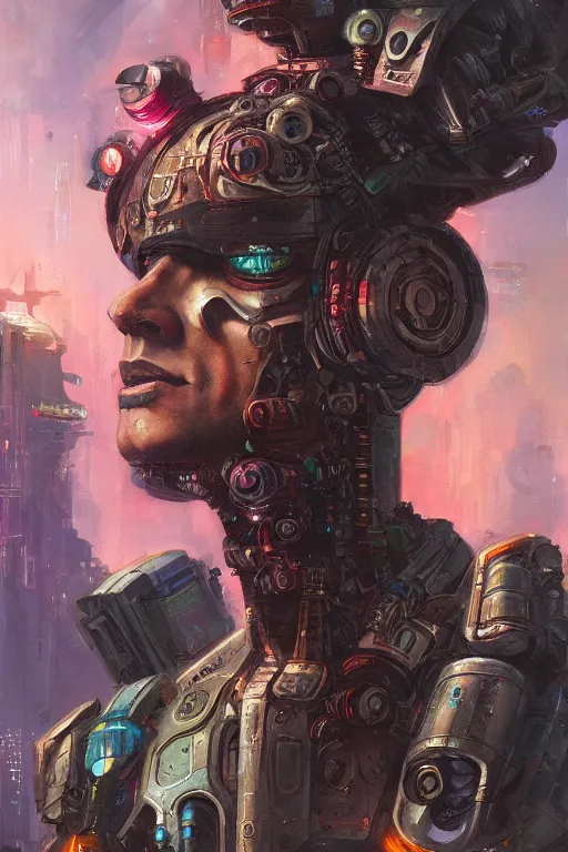 Prompt: a cyberpunk half length portrait of cyborg roman emperor, by paul lehr, jesper ejsing