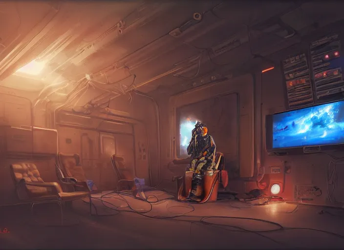 Image similar to a man sitting on a chair with things attached to his head, screens and monitors in front of him playing videos, ship interior, narrow hallway, scifi, dramatic lighting, concept art, surreal, by rutkowski