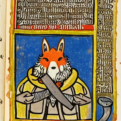 Image similar to anthropomorphic fox who is a medieval knight standing steadfast towards a army of enemy knights, illuminated manuscript