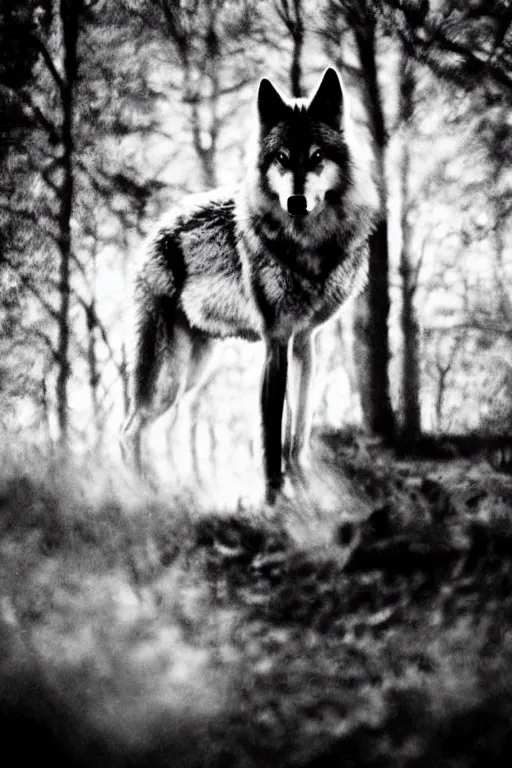 Image similar to wolf animal, film noir style, cinematic, black and white