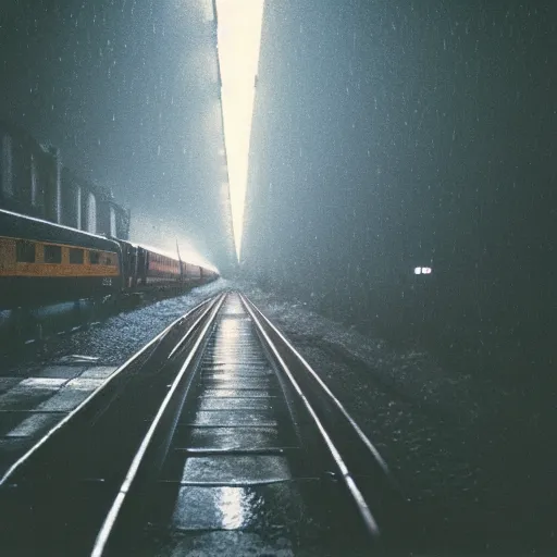 Image similar to 1990s perfect 8K HD professional cinematic photo of a train in dystopian world, at evening during rain, at instagram, Behance, Adobe Lightroom, with instagram filters, depth of field, taken with polaroid kodak portra