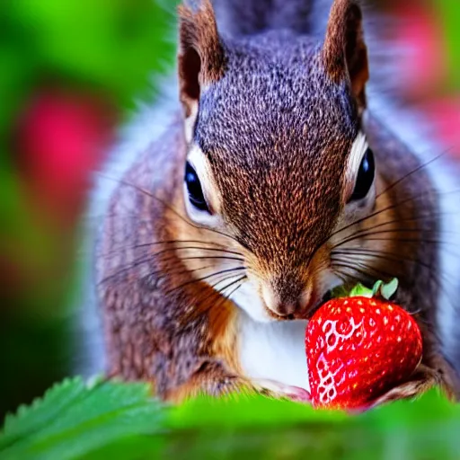 Image similar to fashion photography close - up photograph of a cute squirrel eating strawberries, studio lighting