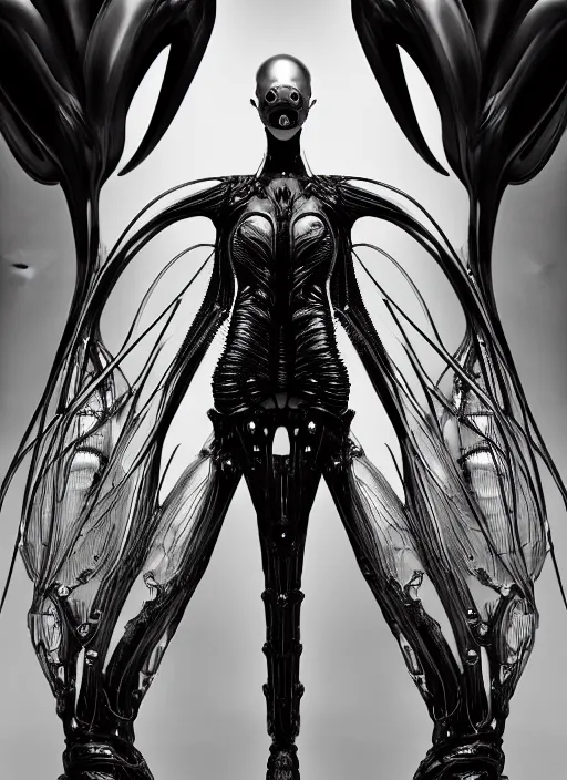 Image similar to iris van herpen gothic inflateble dark dress, perfect symmetrical body, helmet on face, full body shot, alien, plant predator, guyver, giger, wires, tubes, veins, jellyfish, white biomechanical details, wearing epic bionic cyborg implants, masterpiece, intricate, biopunk, vogue, highly detailed, artstation, concept art