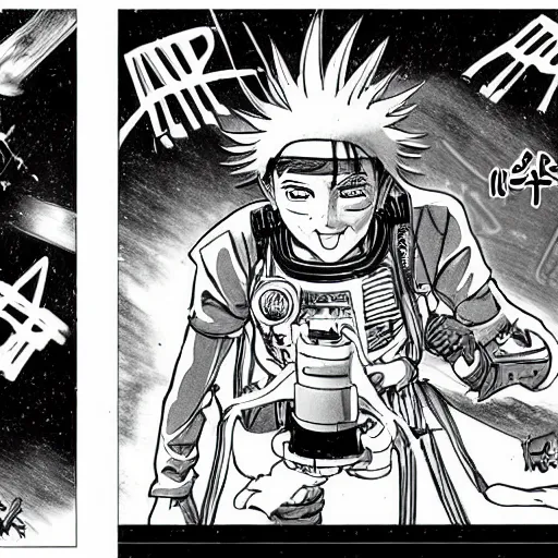 Image similar to mad scientist drawing sci - fi manga with spaceship and robots