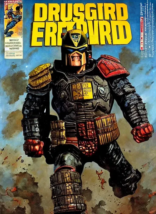 Image similar to full body and head portrait of martyn ford as judge dredd running from the thing, dynamic action, painted by norman rockwell and phil hale and greg staples and tom lovell and frank schoonover and jack kirby