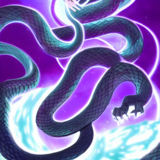 Image similar to snakes of purple lightning striking at the darkness, anime,