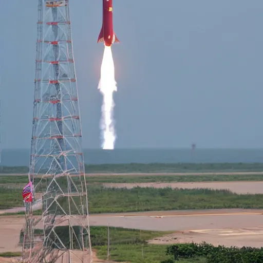 Prompt: a banana rocket launched from the launch pad at wenchang space launch site in hainan, china