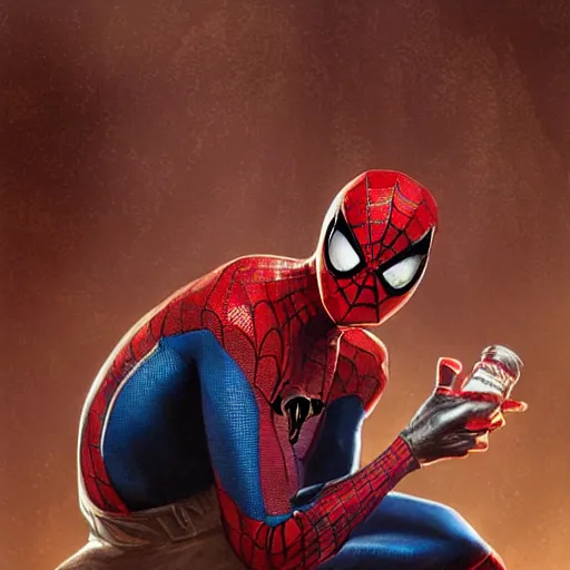 Image similar to spiderman with a bottle of coca cola in his hand, D&D, fantasy, intricate, cinematic lighting, highly detailed, digital painting, artstation, concept art, smooth, sharp focus, illustration, art by Artgerm and Greg Rutkowski and Alphonse Mucha