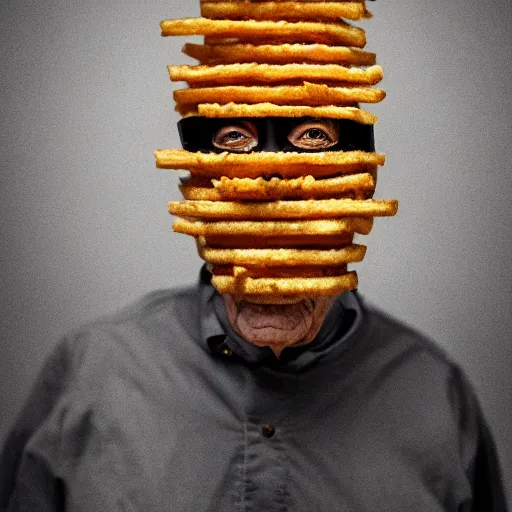 Image similar to an elderly man wearing a mask made from french fries, bold natural colors, national geographic photography, masterpiece, 8 k, raw, unedited, symmetrical balance