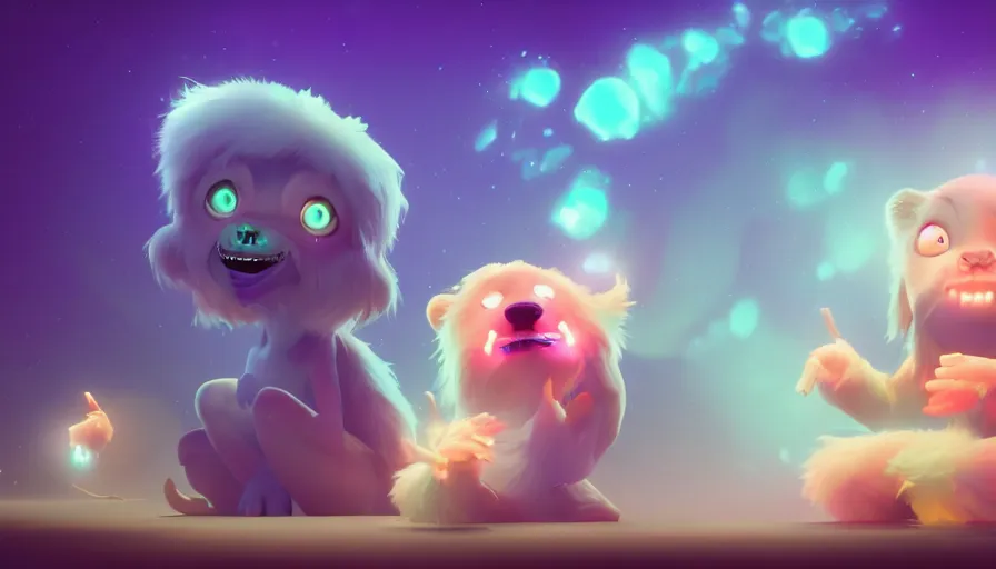 Prompt: a Bioluminescent cute cirsus performers, big disney eyes, fur and cuteness, a lineup of characters, Trending on Artstation, oil on Canvas by Elena Zhurikhina and Goro Fujita and Charlie Bowater, octane render, 4k, 8k, HD