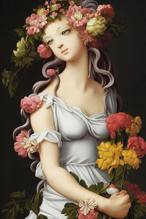 Prompt: painting of anime figurine girl with baroque wig with flowers, flemish baroque, neoclassicism, flowers