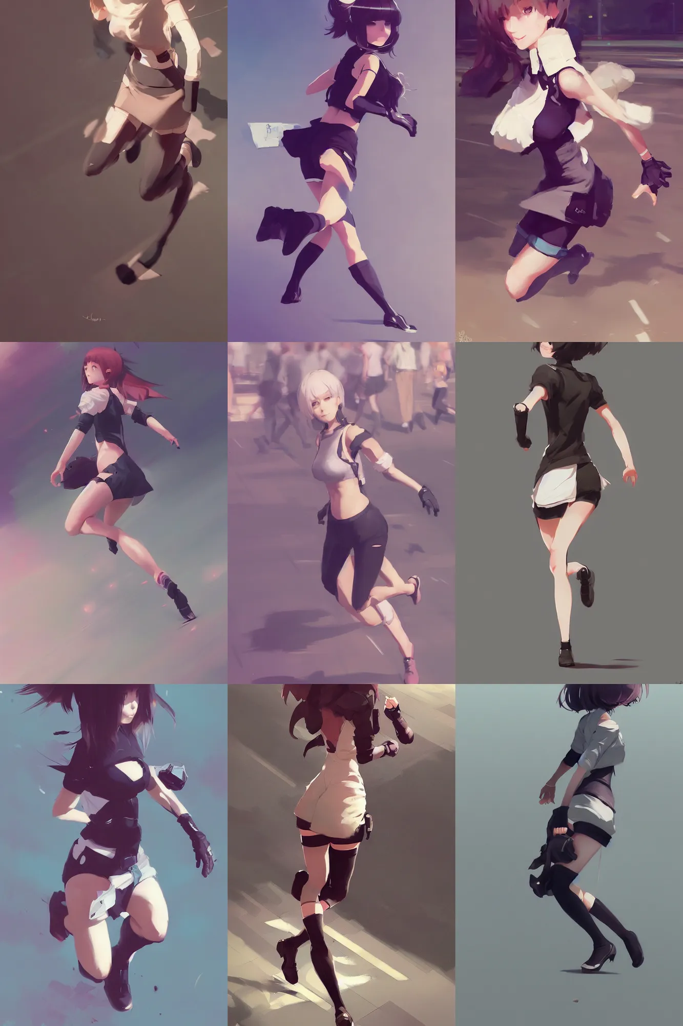 Prompt: cute woman running by ilya kuvshinov, krenz cushart, Greg Rutkowski, trending on artstation, nier automata