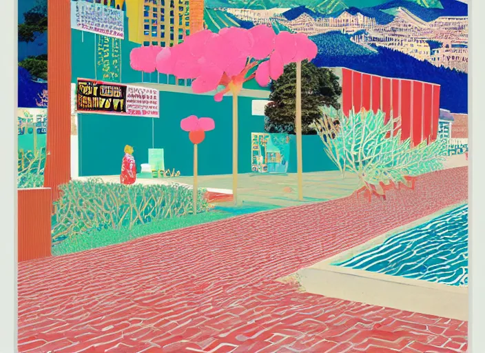 Prompt: award winning graphic design poster, photocollage art depicting a variety of japan travel, beauty, tastes, crafts and more, photocollage painting by David Hockney