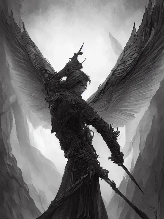 Prompt: arriving in purgatory after dying, wings, undead, highly detailed, male, smooth, sharp focus, dark fantasy, greyscale, digital illustration, by artgerm, greg rutkowski, alphonse mucha