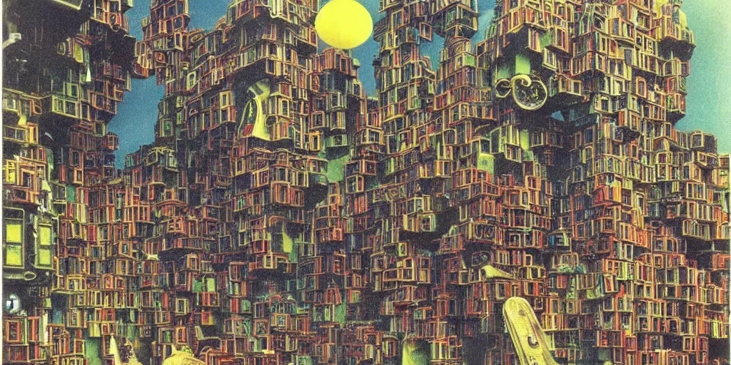 Prompt: 1970 magazine print of a Architectural model of a steam punk science fiction set painted by Hundertwasser, cinematography by Moebius, composition by Jules Verne