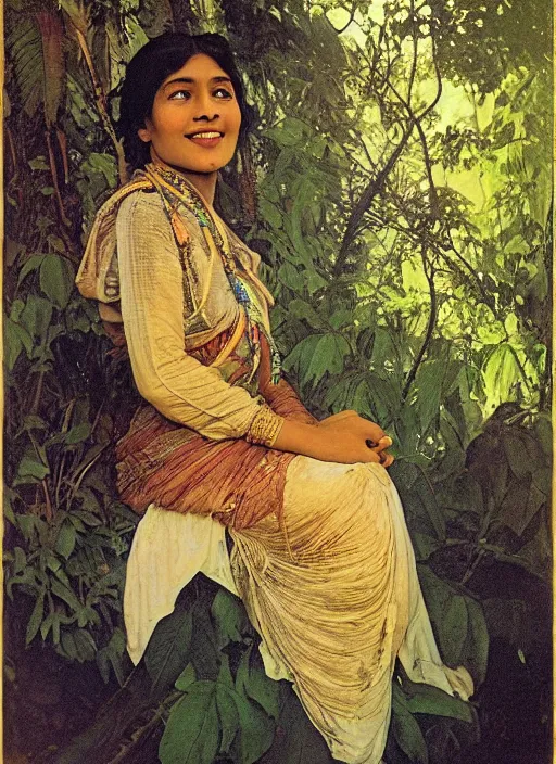 Prompt: vintage portrait photo of a beautiful beautifully lit nepalese Victorian woman smiling in a lush himalayan valley by alphonse mucha and annie leibovitz