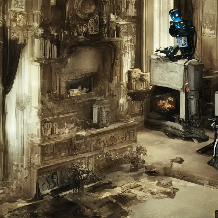 Prompt: “a lonely robot reads a book near a fireplace in a Victorian home., IMAX 70mm footage”