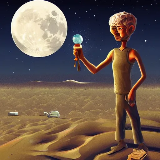 Image similar to a lonely man in desert finding a beautiful crystal, a big moon in background, Industrial Scifi, detailed illustration, character portrait, by Martin Grip and Moebius